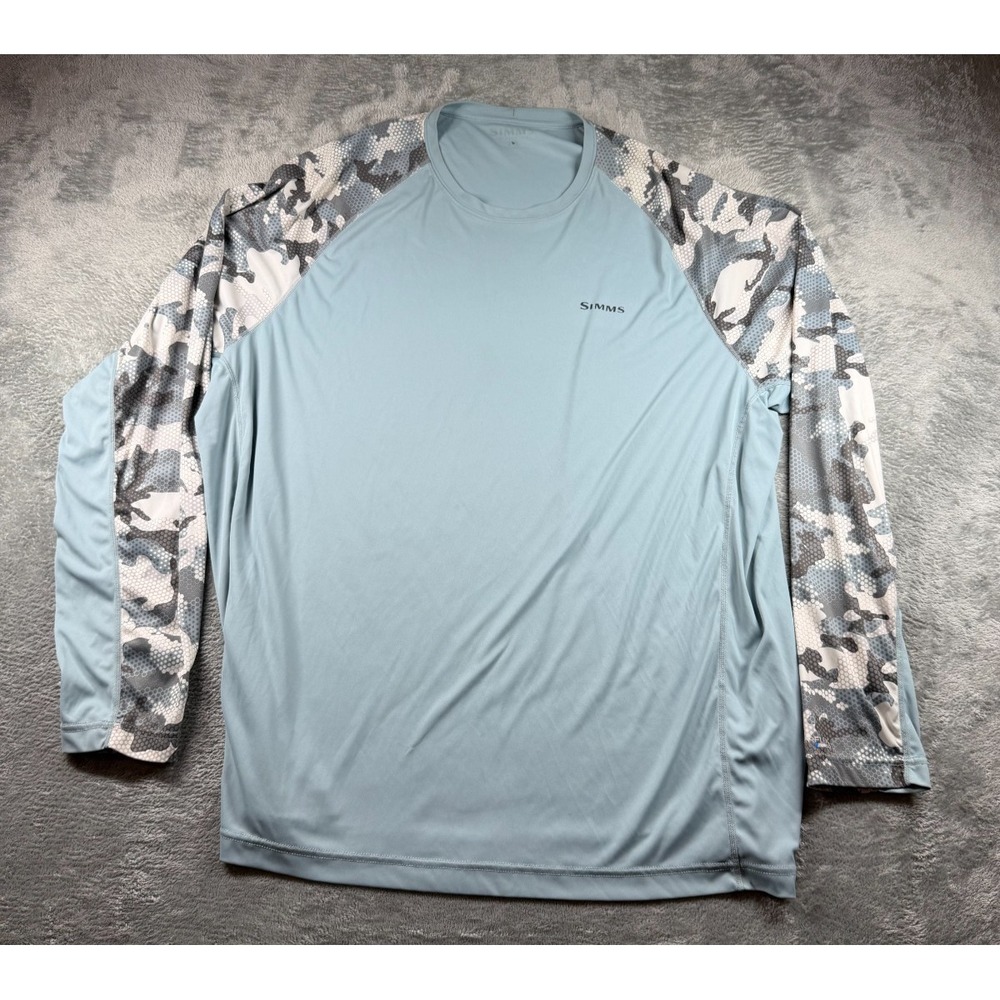 Simms Fishing Shirt Mens XL Long Sleeve Blue Camo Performance Sun Outdoor